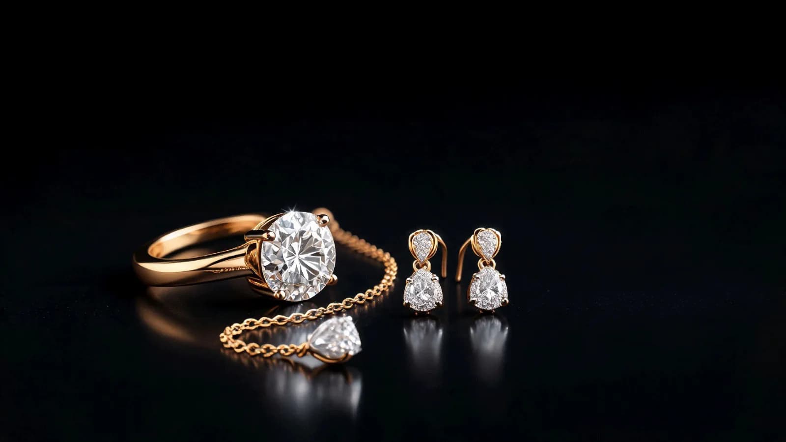 Diamond solitaire ring with matching gold drop earrings